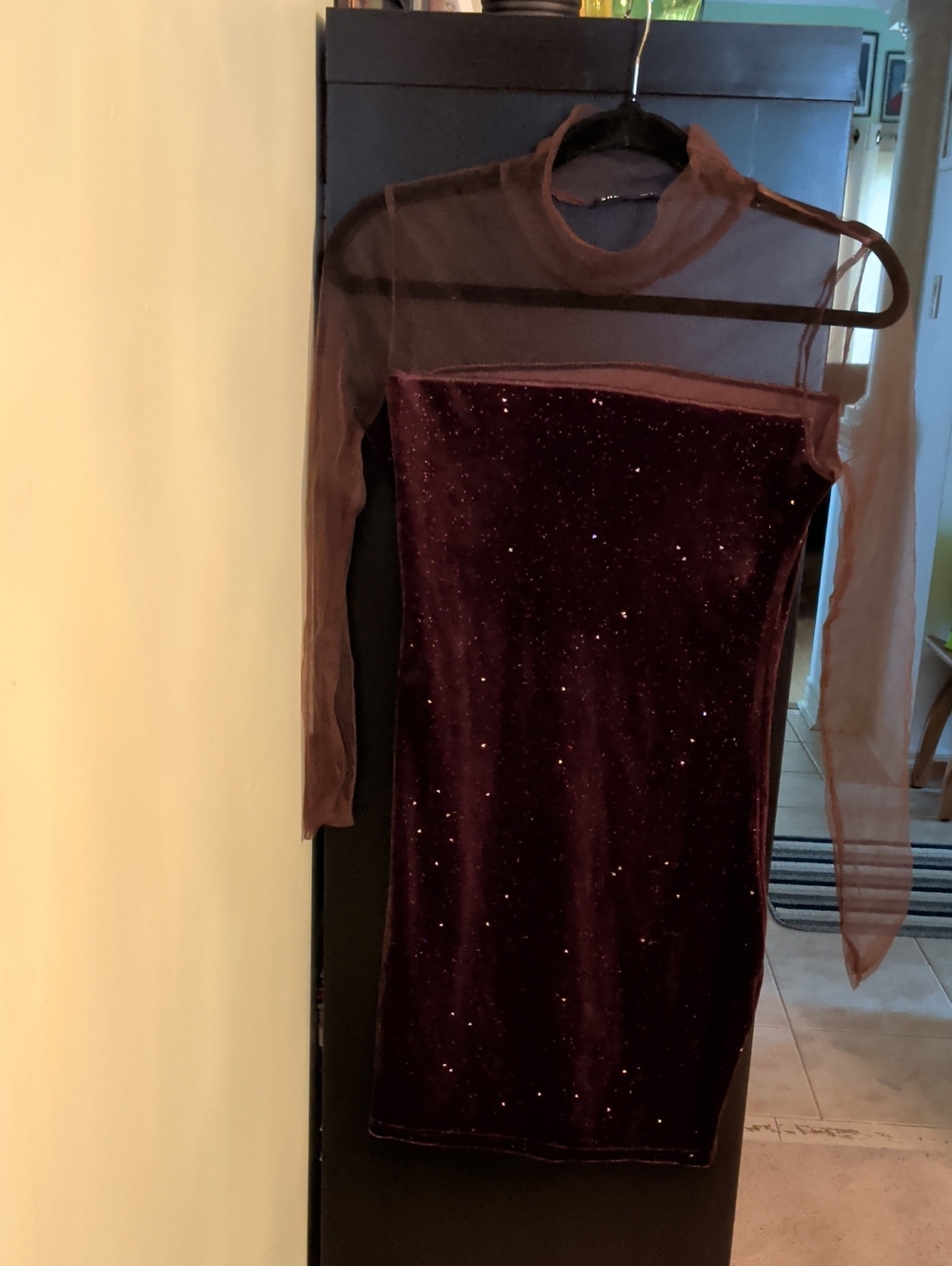 Sheer Mesh Yoke Velvet Bodycon Dress - Wine